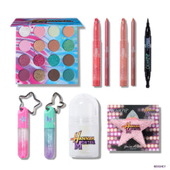 Hannah Montana x ColourPop Collection laid out: Best of Both Worlds palette, lip kits, liner stamp, star keychain glosses, body glitter and star hair clip