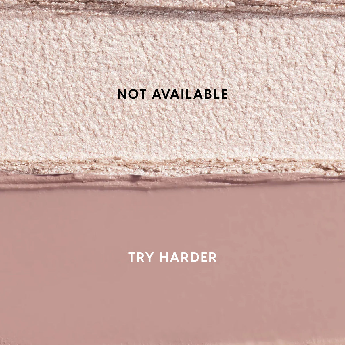Two Heart to Get For Your Eyes Only Shadow Stix swatches laid side by side, showing a shimmery champagne shade labeled NOT AVAILABLE above a matte mauve shade labeled TRY HARDER on a clean studio background.
