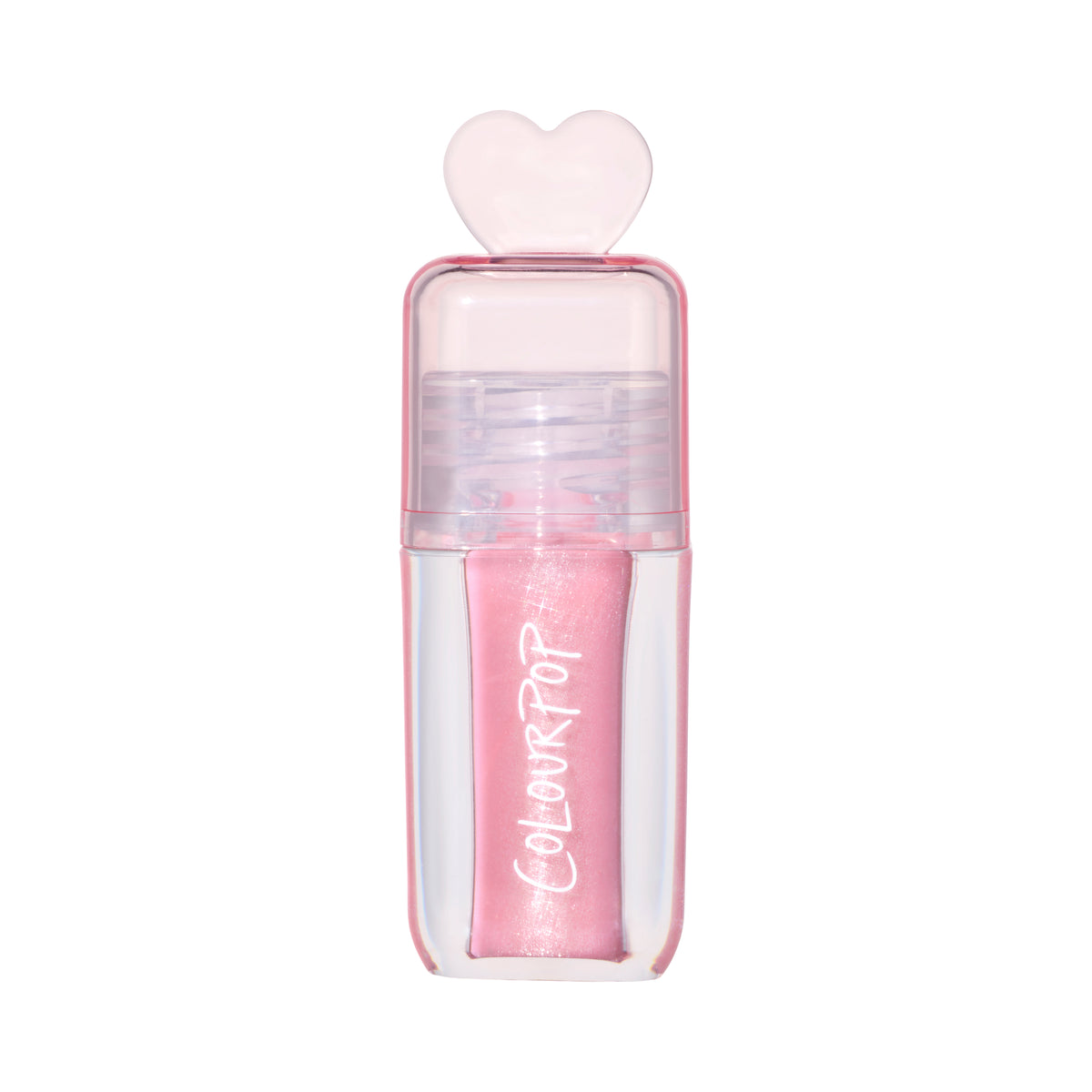 ColourPop 2 Die 4 Ultra Glossy Lip standing upright against a white background, showing its shimmery light pink Heart to Get shade in a clear pink tube topped with a translucent heart-shaped cap for cute, high-shine lip gloss looks.