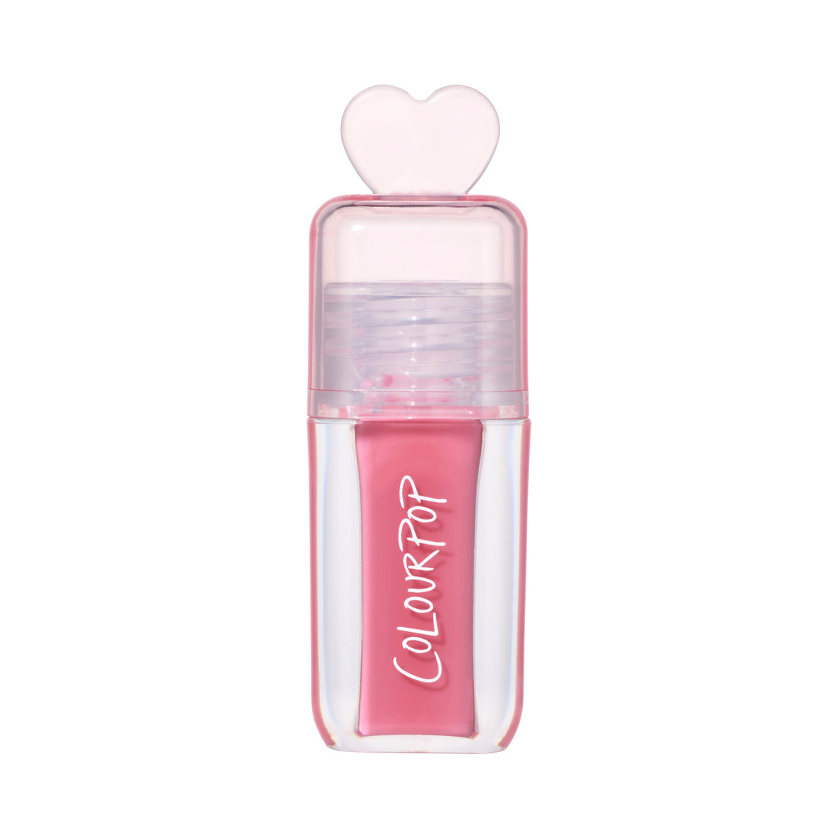 ColourPop Still That Girl ultra glossy lip in pink, standing upright with a clear rectangular tube, heart-shaped cap, and Heart to Get inspired packaging on a clean white background for a modern makeup product shot.