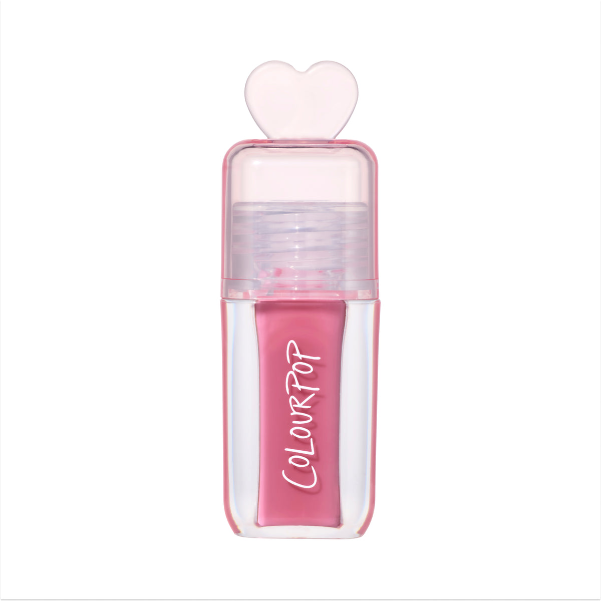 ColourPop Your New Obsession ultra glossy lip in the Heart to Get shade standing upright on a white background, featuring a clear pink tube with bold white logo and a translucent heart-shaped cap for a cute, high-shine lip gloss look.