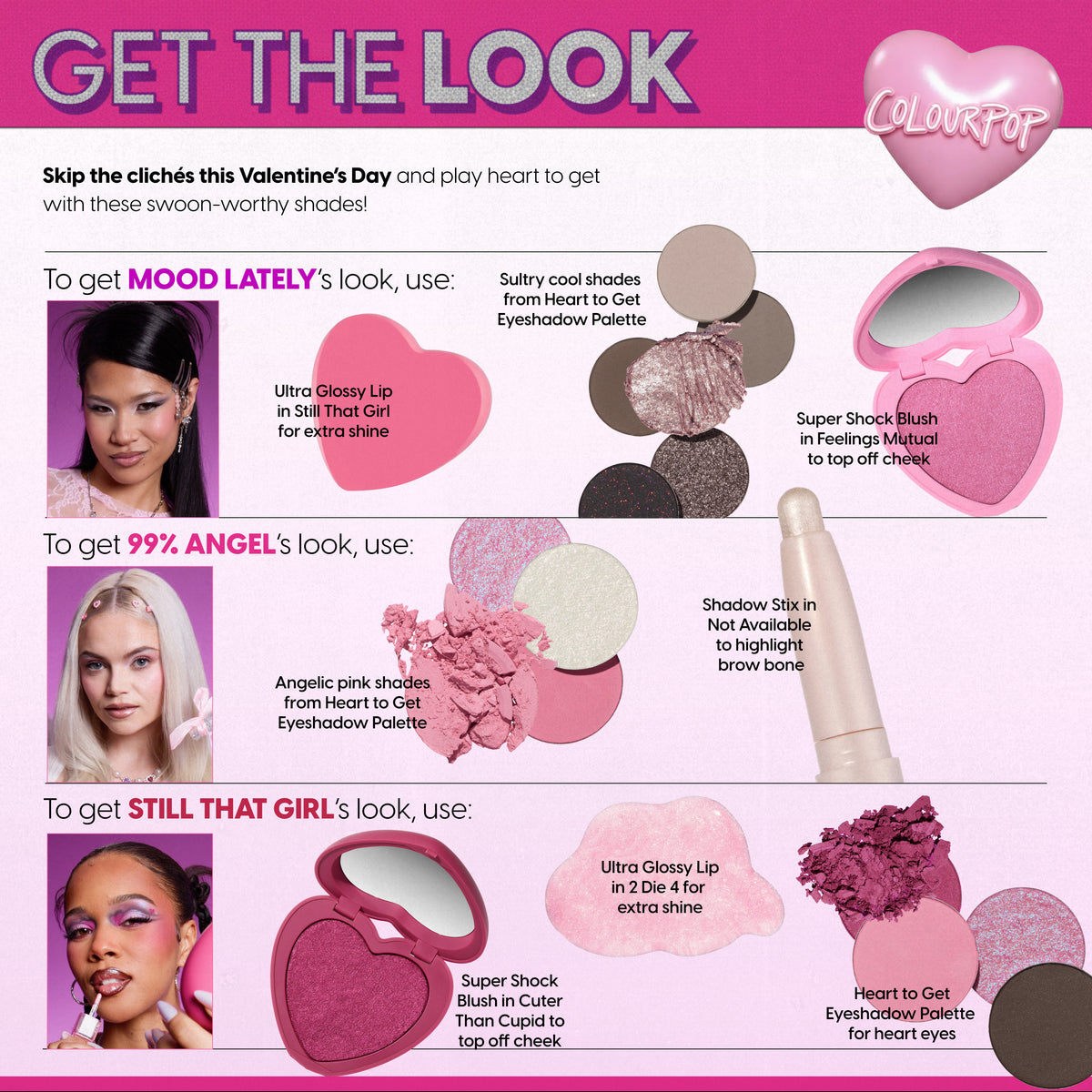 Heart to Get Full Collection infographic showcasing three Valentine’s Day makeup looks using ColourPop Heart to Get eyeshadow palette, Super Shock Blush, Ultra Glossy Lip, and Shadow Stix, arranged in heart-shaped pink packaging on a bold pink background.