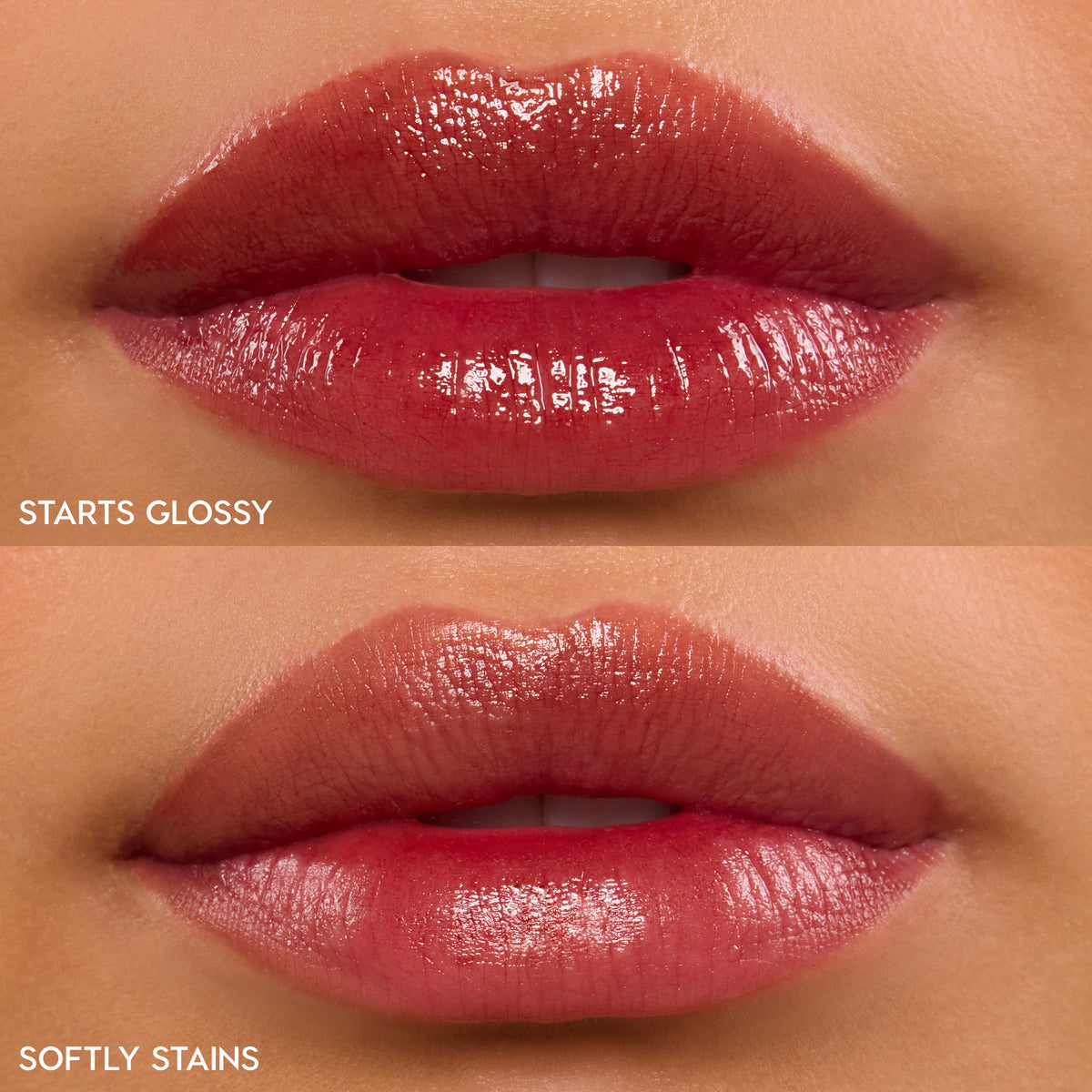 Lips wearing ColourPop Lip Stain (Hydra Pop) in 90s Babe show a stacked comparison: top glossy with rich rosy berry shine, bottom stain with a softer sheer tint; close-up labels read Glossy and Stain for finish reference.