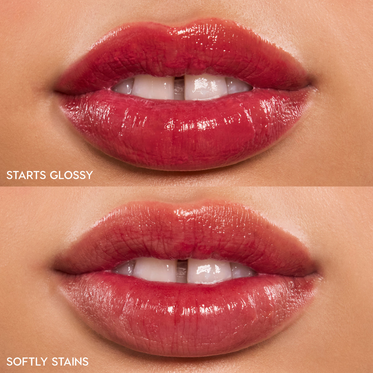 Close-up lips wearing Mantra ColourPop Lip Stain, showing two finishes: top displays a glossy, high-shine berry-rose color, while bottom shows a softer stained tint, illustrating pigment payoff and sheen on natural skin.