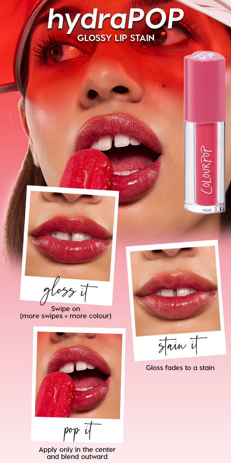 ColourPop HydraPOP glossy lip stain with pink-capped tube, shown on a model whose shiny raspberry lips touch a red popsicle; insets demonstrate gloss that fades to a stain and a center-only pop application.