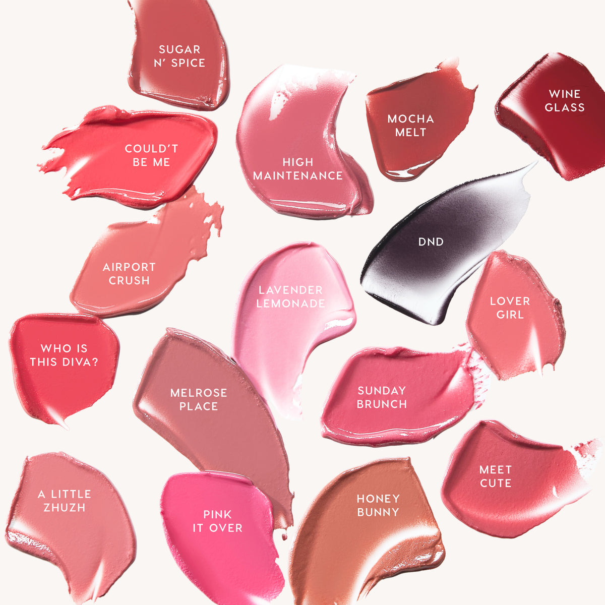 Hyper Shine Glossy Lipstick shade range smears, including DND, Sugar N' Spice, Mocha Melt and A Little Zhuzh