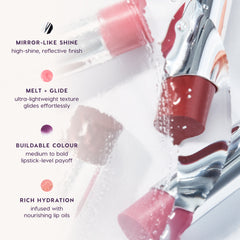 Hyper Shine Glossy Lipstick benefits: mirror-like shine, melt and glide, buildable colour and rich hydration