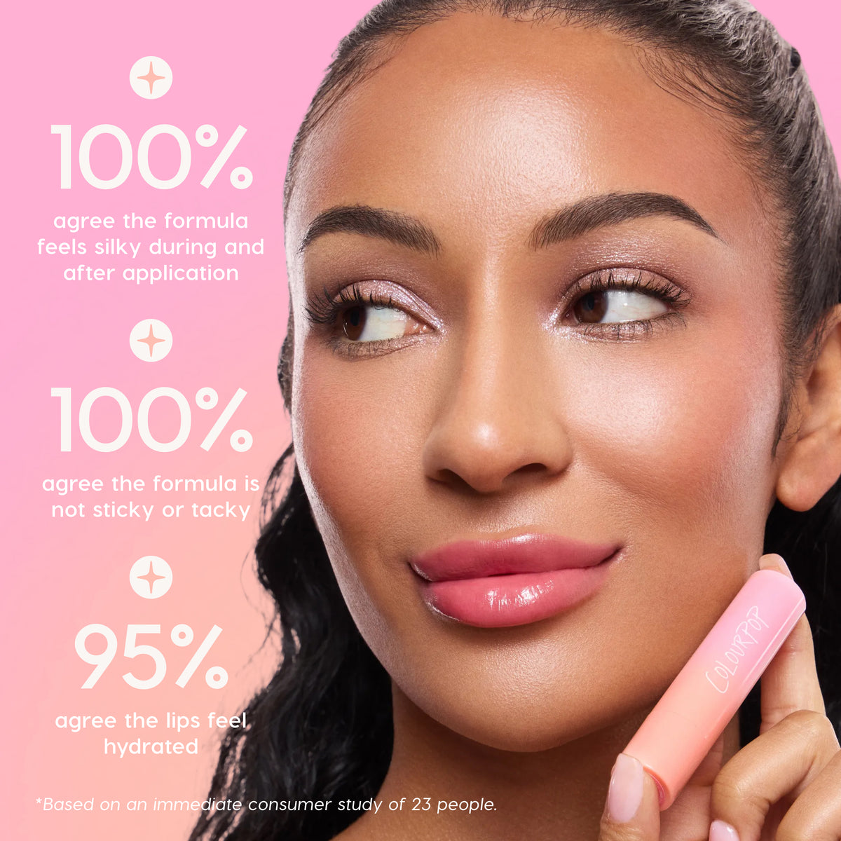 Model holding a Hyper Shine Glossy Lipstick beside consumer study results on silky feel, non-sticky wear and hydration