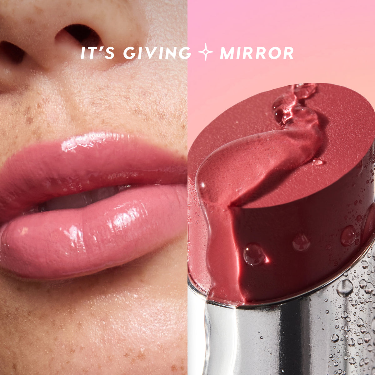 Mirror-shine finish of Hyper Shine Glossy Lipstick shown on lips and in a bullet close-up