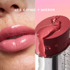 Mirror-shine finish of Hyper Shine Glossy Lipstick shown on lips and in a bullet close-up