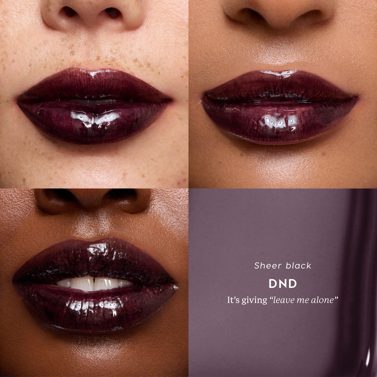 DND Hyper Shine Glossy Lipstick, sheer black, swatched on three lip tones
