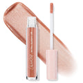 ColourPop Ultra Glossy Lip It Girl shown uncapped with doe-foot applicator and star-print pink cap, set over a peachy nude, glittery swatch, highlighting the high-shine finish and clear tube branding.