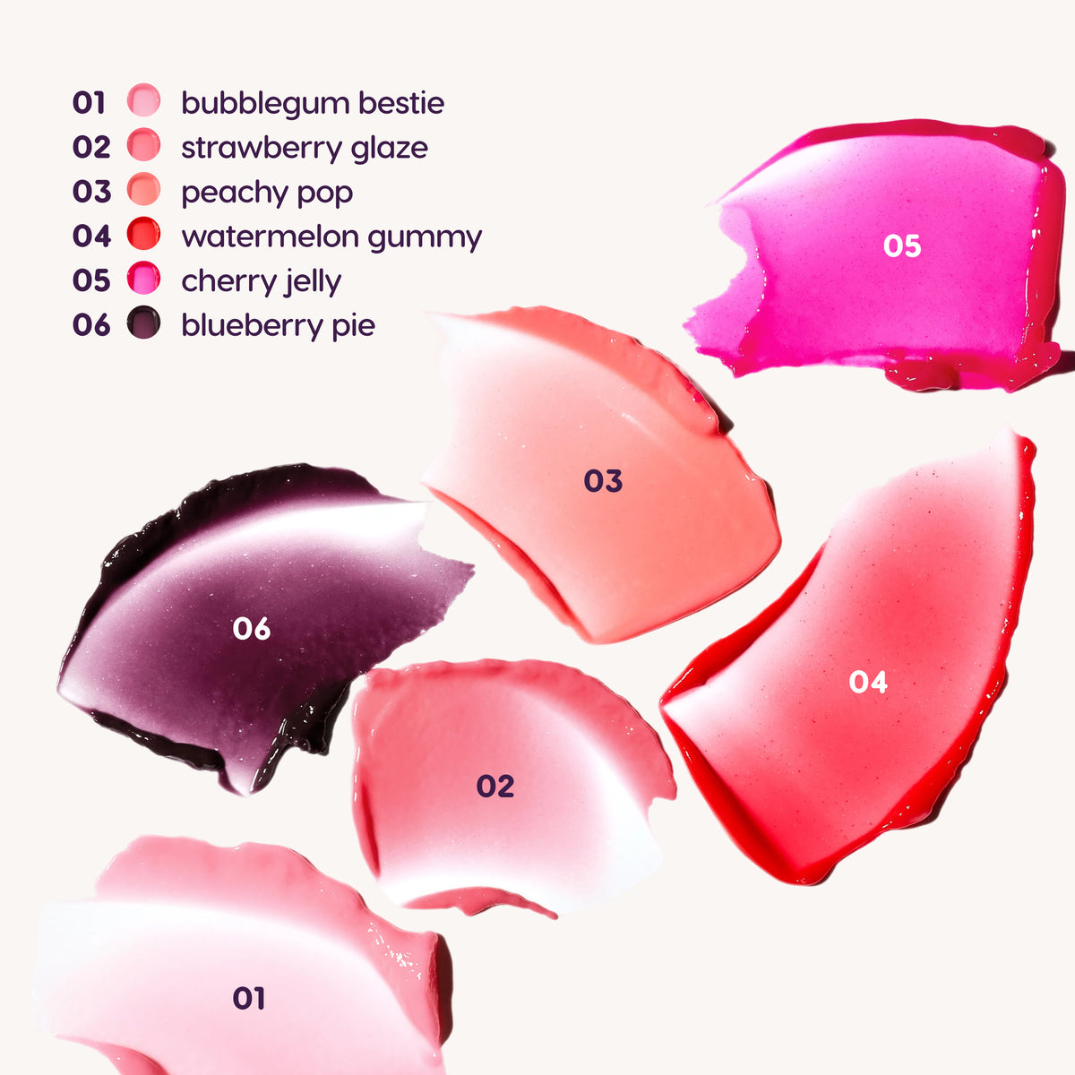 Jelly Glow Lip & Cheek Jelly shade range: Bubblegum Bestie, Strawberry Glaze, Peachy Pop, Watermelon Gummy, Cherry Jelly and Blueberry Pie