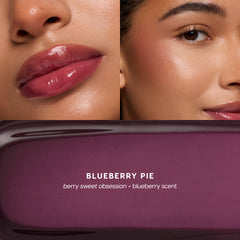 Blueberry Pie Jelly Glow worn on lips and cheeks with a texture swatch: berry sweet obsession, blueberry scent