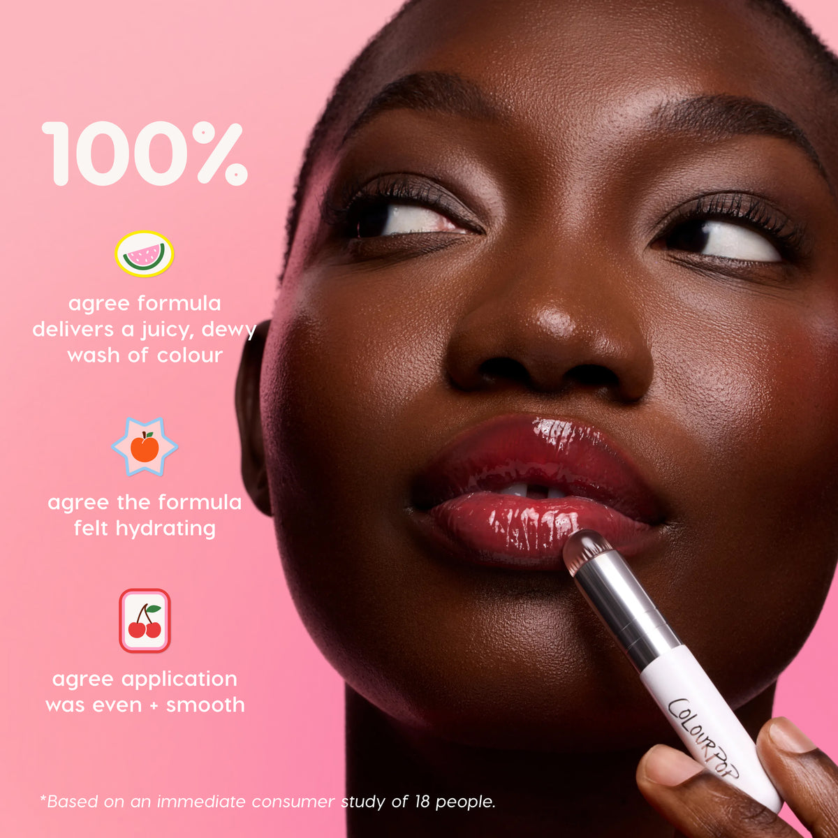 Model applying Jelly Glow to her lips beside consumer study results on juicy colour, hydration and even application
