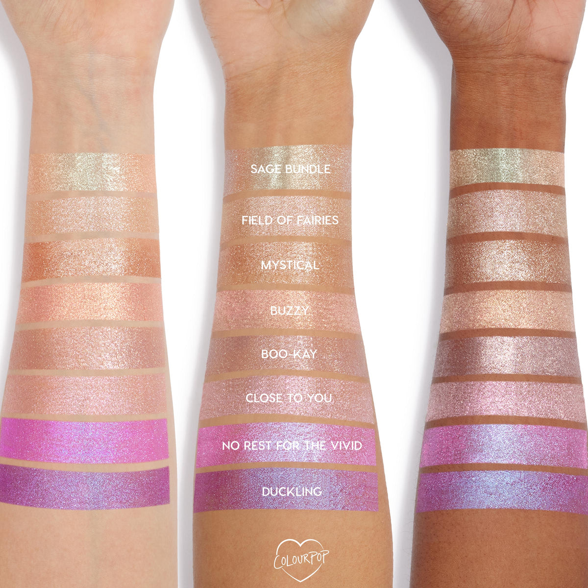 Colourpop Jelly Much Shadow Shiny Penny eyeshadow swatched in shimmery coppery rose tones across three arms of different skin tones, showing metallic payoff and iridescent sparkle in studio lighting for US beauty lovers.