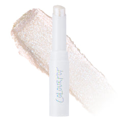 Diamond Girl Jelly Much Gel Eyeshadow Stick, a clear opal gel, uncapped beside a sparkly swatch