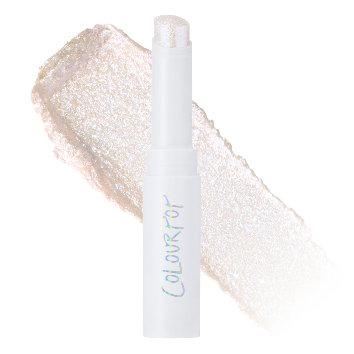 Diamond Girl Jelly Much Gel Eyeshadow Stick, a clear opal gel, uncapped beside a sparkly swatch