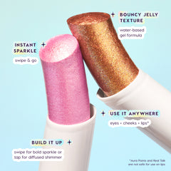 Jelly Much callouts: instant sparkle, bouncy water-based gel, use on eyes, cheeks and lips. Aura Points and Real Talk are not safe for lips