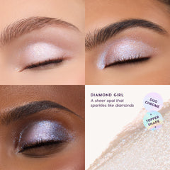 Diamond Girl, a sheer opal duochrome that sparkles like diamonds, worn on three eyes as a topper