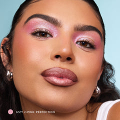 Model with medium skin wearing Jelly Much Gel Eyeshadow Stick in Pink Perfection on her lids