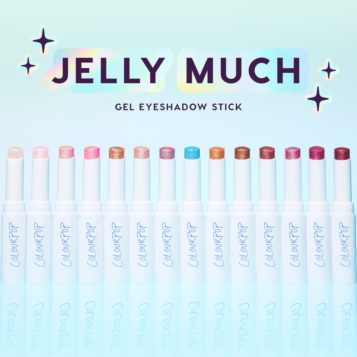 Jelly Much Gel Eyeshadow Stick lineup: 14 white tubes uncapped to show each shade