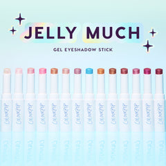 Jelly Much Gel Eyeshadow Stick lineup: 14 white tubes uncapped to show each shade