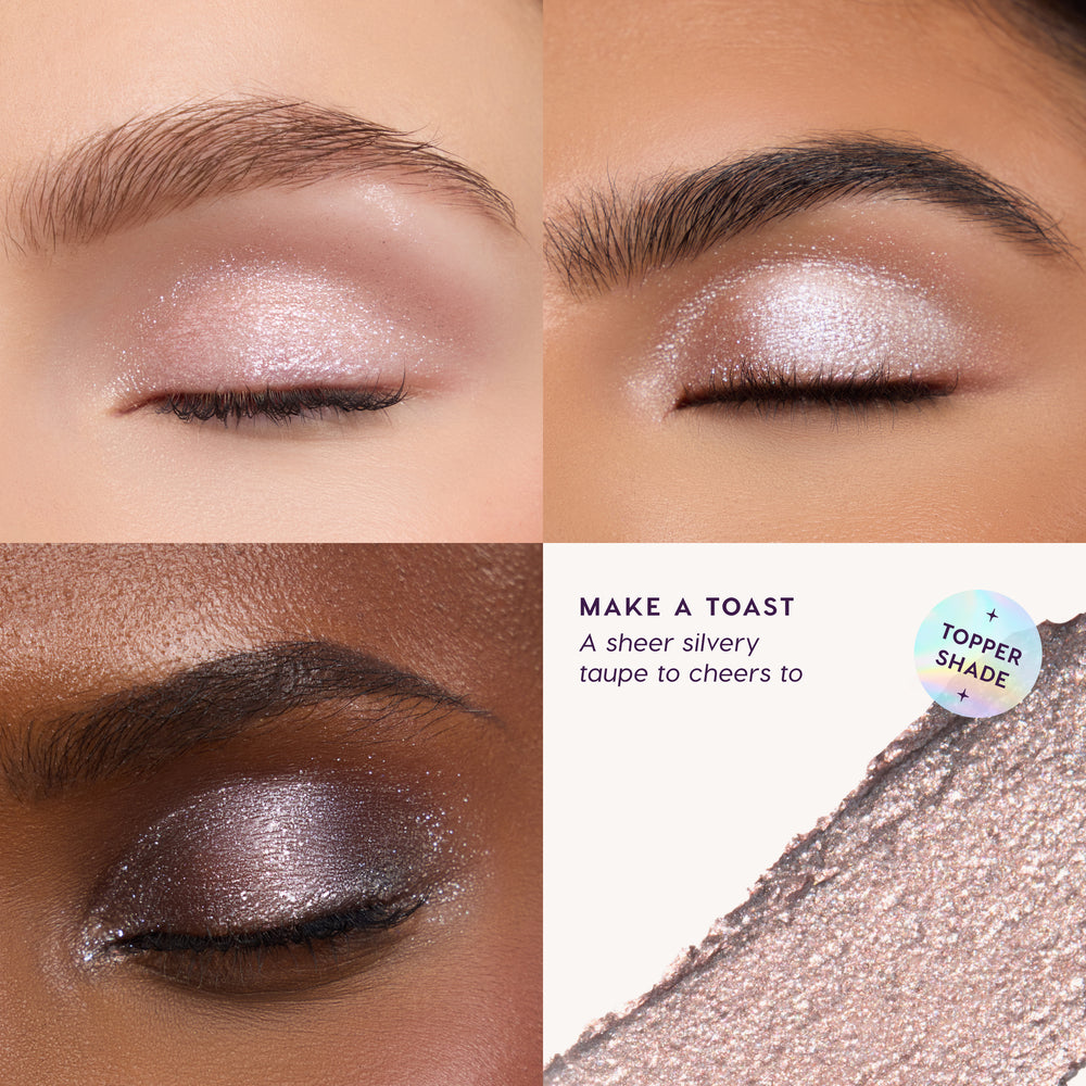 Make A Toast, a sheer silvery taupe topper shade, worn on three eyes with a texture swatch
