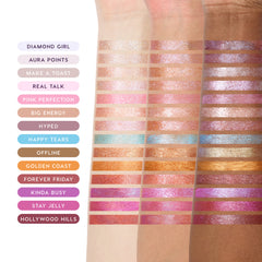 Jelly Much Gel Eyeshadow Stick arm swatches of 14 shades, from Diamond Girl to Hollywood Hills, on three skin tones