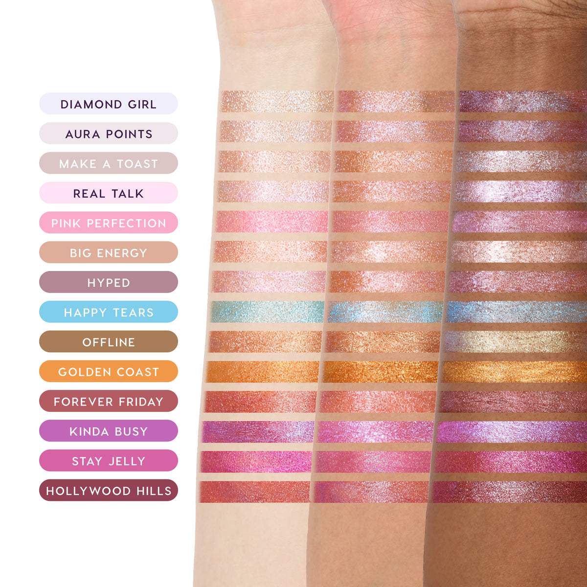 Jelly Much Gel Eyeshadow Stick arm swatches of 14 shades, from Diamond Girl to Hollywood Hills, on three skin tones