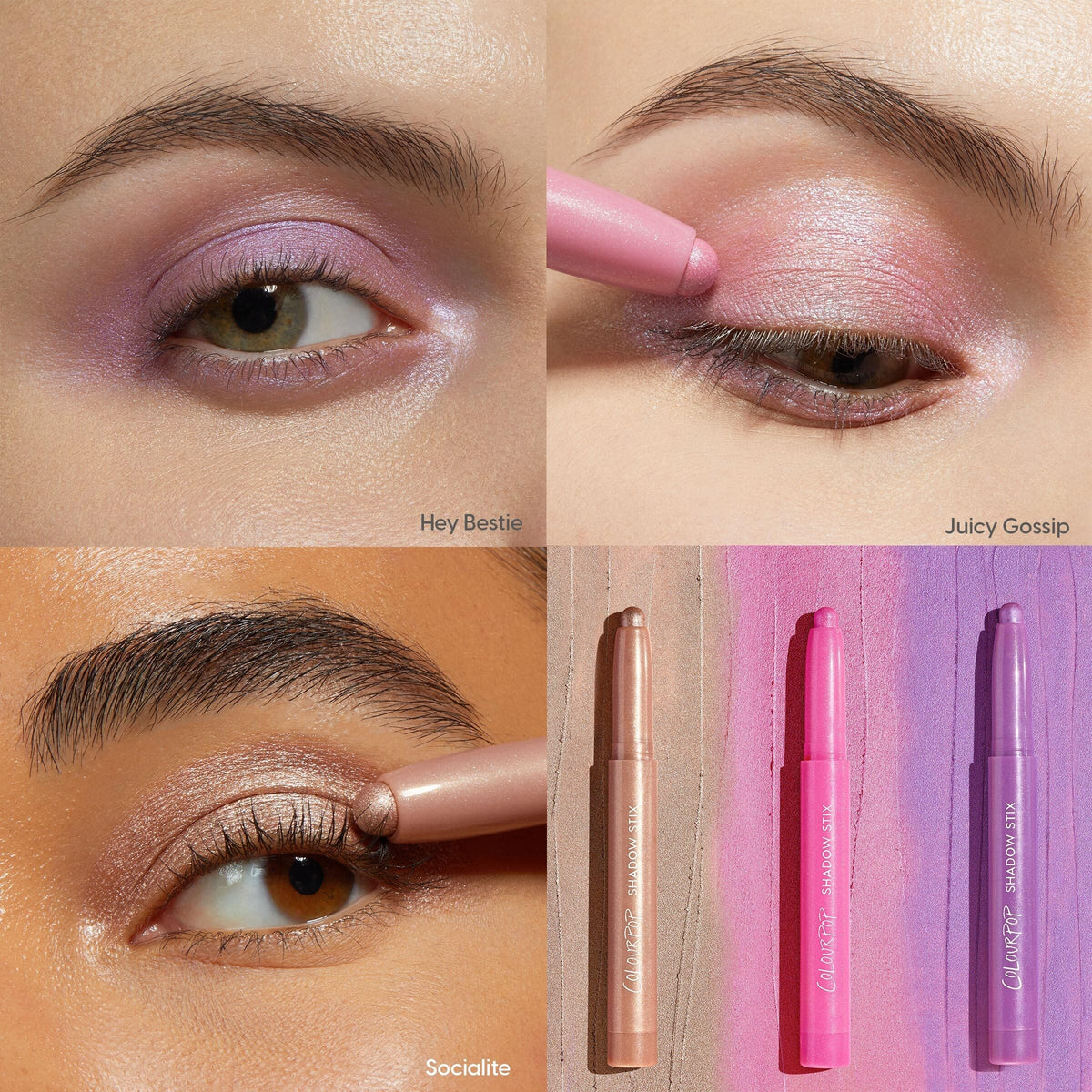 ColourPop Shadow Stix Cool Metallics swatched: metallic lavender Hey Bestie, pink Juicy Gossip, and champagne Socialite swept on lids; close-ups show each shade applied, with three eyeshadow stick pencils beside matching gradient swatches.