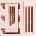 All My BFFs ColourPop Lippie Pencil 3-pack displays three nude lip liner shades - peach, rosy mauve, and deep brown - arranged beside a blush-pink limited-edition box on a soft pink flat lay, highlighting creamy, sharpenable pencils.