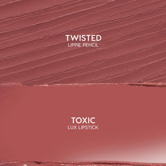 Anti-Hero kit swatch shows Twisted Lippie Pencil above Toxic ColourPop Lux Lipstick, both in rosy mauve; pencil features textured strokes while the lipstick is a smooth satin block - flat lay close-up previewing shade and finish.