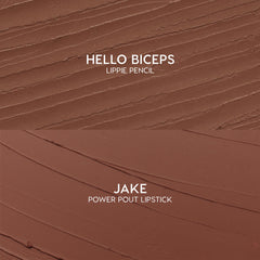 Swatches showcase Hello Biceps lippie pencil and Jake ColourPop Power Pout Lipstick from the Bella! Where the Hell Have You Been, Loca? kit, with textured mocha and smooth cinnamon-brown strokes on a matte surface highlighting creamy payoff.