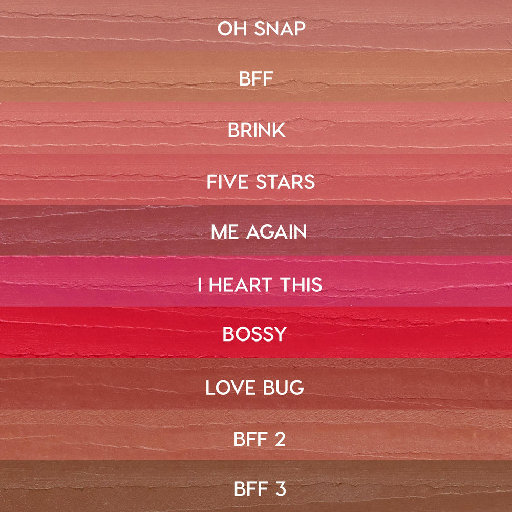 ColourPop Lippie Pencil swatches from The Lil Box of Lippie Pencils displayed in horizontal stripes - nudes to pinks and reds - labeled: Oh Snap, BFF, Brink, Five Stars, Me Again, I Heart This, Bossy, Love Bug, BFF 2, BFF 3.