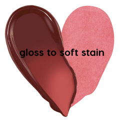 Heart-shaped swatch of ColourPop Lip Stain 90s Babe showing finishes: left side a glossy deep berry labeled “gloss it,” right side a sheer matte rose stain labeled “stain it,” demonstrating buildable color payoff on a white background.