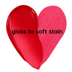Fruit Punch ColourPop Lip Stain swatch shaped like a heart, left side glossy cherry red labeled 'gloss it', right side matte hot pink labeled 'stain it', on a white background.