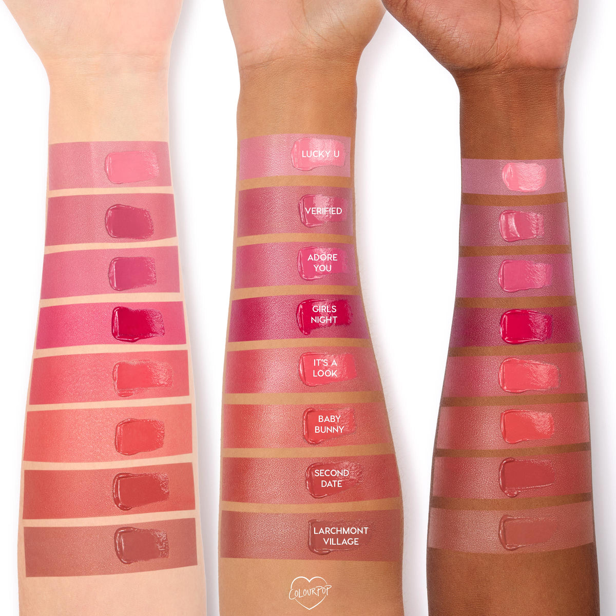 It’s a Look ColourPop Lip and Cheek Balm swatched on three arms (light, medium, deep skin tones), revealing a warm rosy pink with a dewy finish, shown alongside labeled shades like Girls Night and Baby Bunny for easy shade comparison.