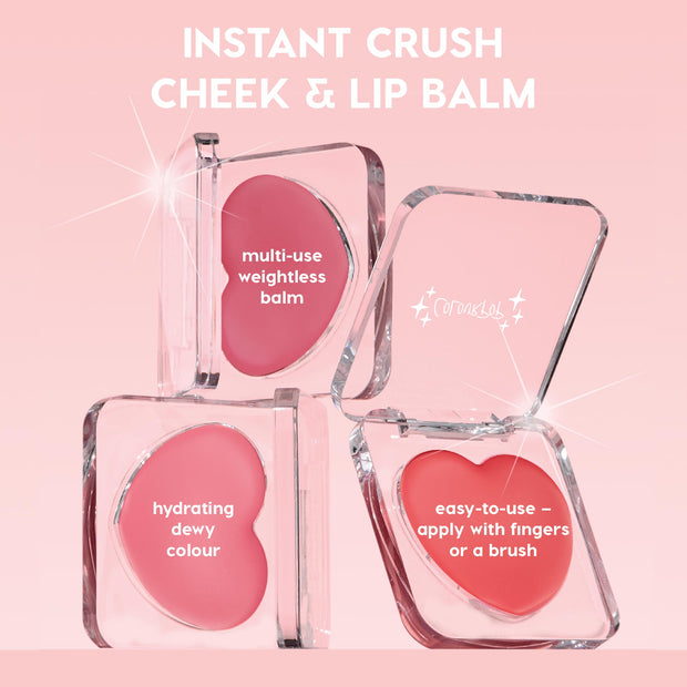 Adore You ColourPop Lip and Cheek Balm displayed in three clear acrylic compacts with heart-shaped pans in rosy pinks, showcasing multi-use, weightless, hydrating dewy color; easy to apply with fingers or a brush on a soft pink background.