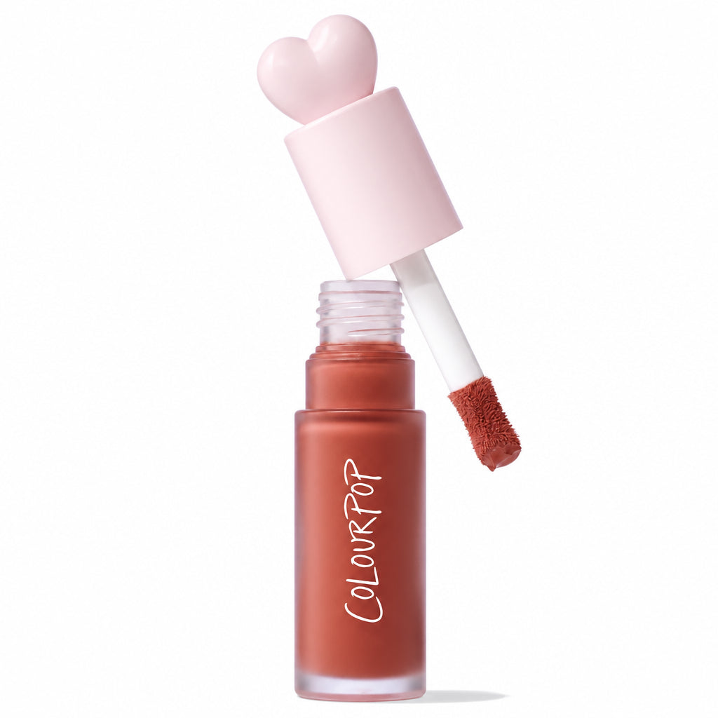 ColourPop Liquid Blush in Culver City, a rosy terracotta shade, shown with cap off and doe-foot applicator under a pink heart-shaped lid, in a frosted bottle on white, with a 2025 Allure Best of Beauty award badge.