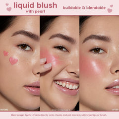 ColourPop Liquid Blush I Love It shown in a step-by-step close-up: pink heart swatches on the cheek, a fingertip blending the pearly liquid, then the after look with a dewy rosy sheen, demonstrating its buildable, blendable finish.