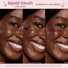 Wine n’ Dine ColourPop Liquid Blush dotted from a doe-foot wand and blended to a luminous berry‑pink glow, shown in a three-panel before–during–after cheek application, showcasing its buildable, pearly finish and fingertip blending.