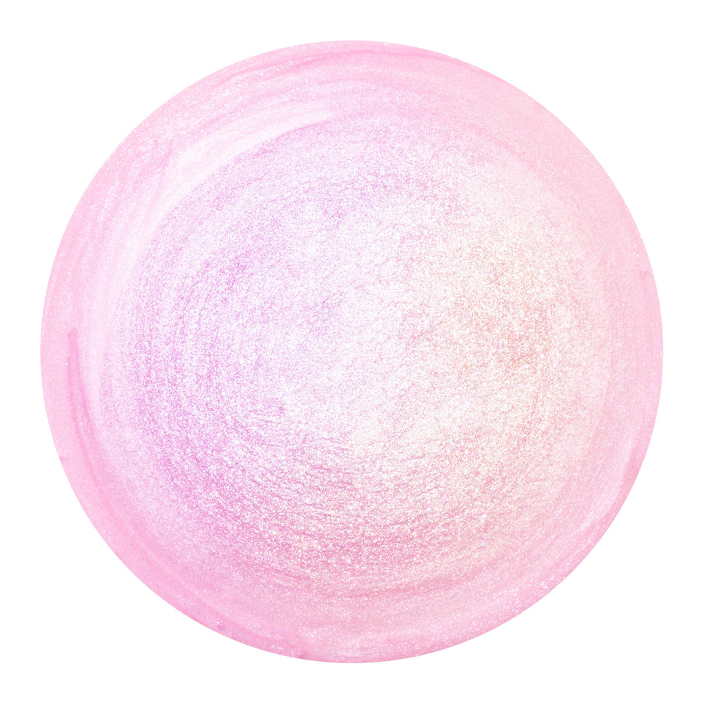 Pink Pony liquid highlighter swatch glows with a swirled, pearlescent pink‑lilac sheen, showing buildable shimmer - ColourPop Liquid Highlighter droplet displayed on a clean white background.