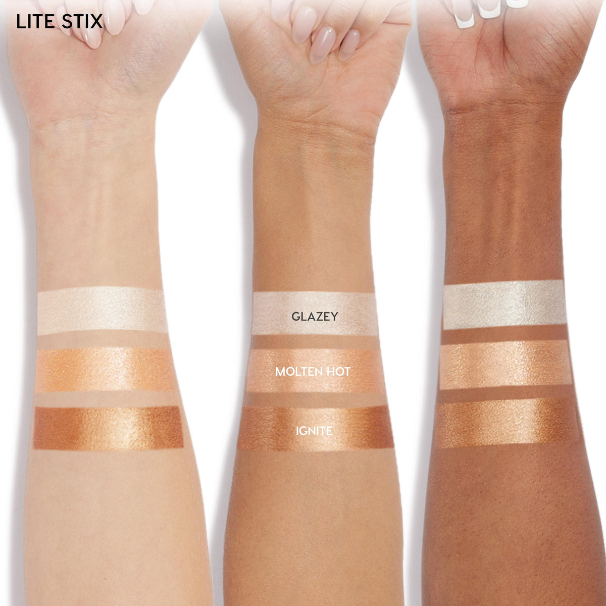 ColourPop Lite Stix Ignite swatched on light, medium, and deep arms, showing a warm copper shimmer with high shine; displayed alongside Glazey and Molten Hot for comparison on a clean white background.