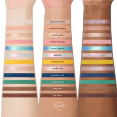 Under the Sea arm swatches of all 12 shades, from Scuttle's Island to Sea Witch, on three skin tones