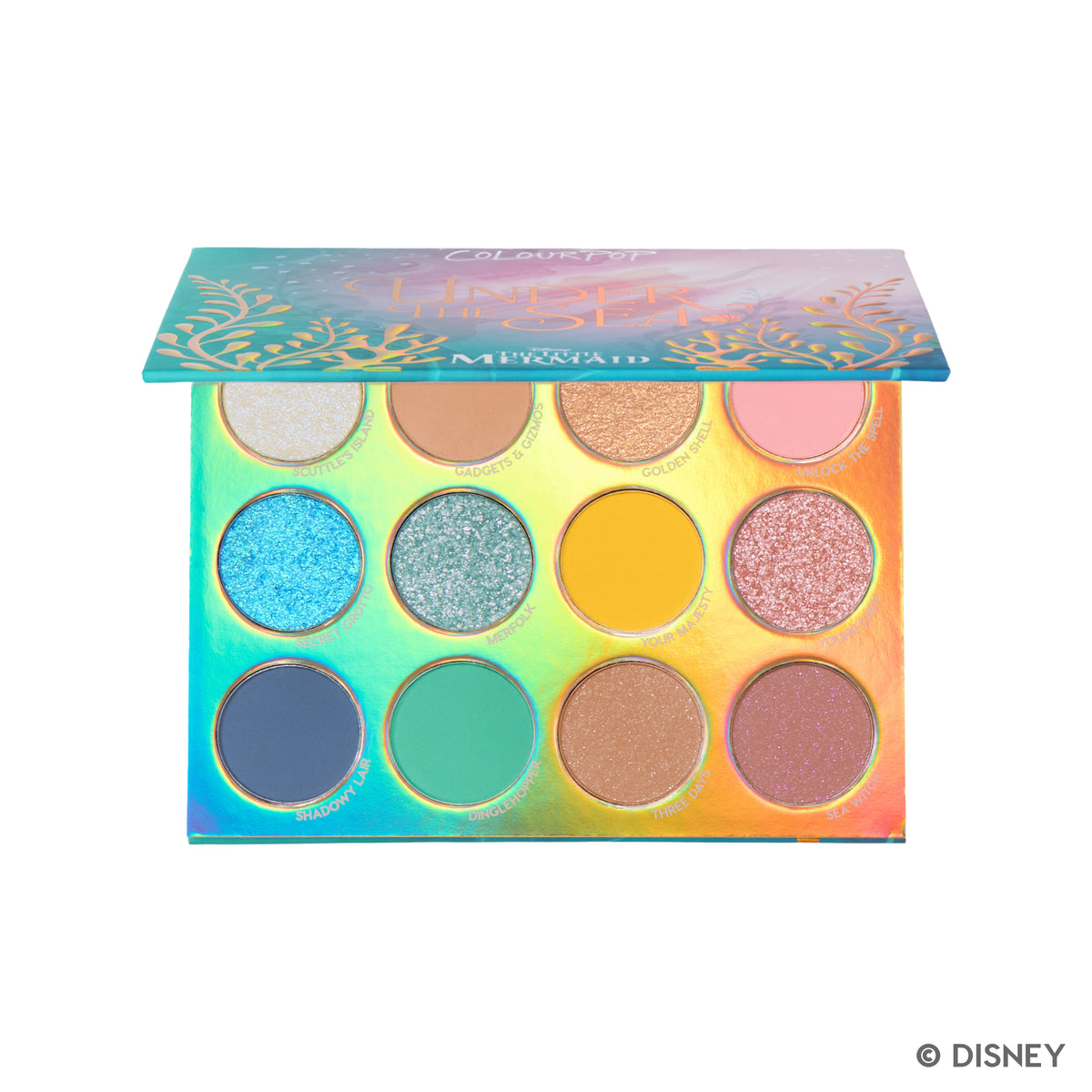 Under the Sea 12-pan palette open on white: pastels, gold, yellow, aqua, teal, green, blue and mauve