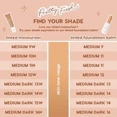 ColourPop Pretty Fresh shade finder charts the Complexion Bundle Face Set, mapping tinted moisturizer to tinted foundation balm: Medium 9W→Medium 9, 10N→11, 11N→11, 12W→12, Medium Dark 13W→13, 14W→14, 15W→14, 16N→16 on a peach background.