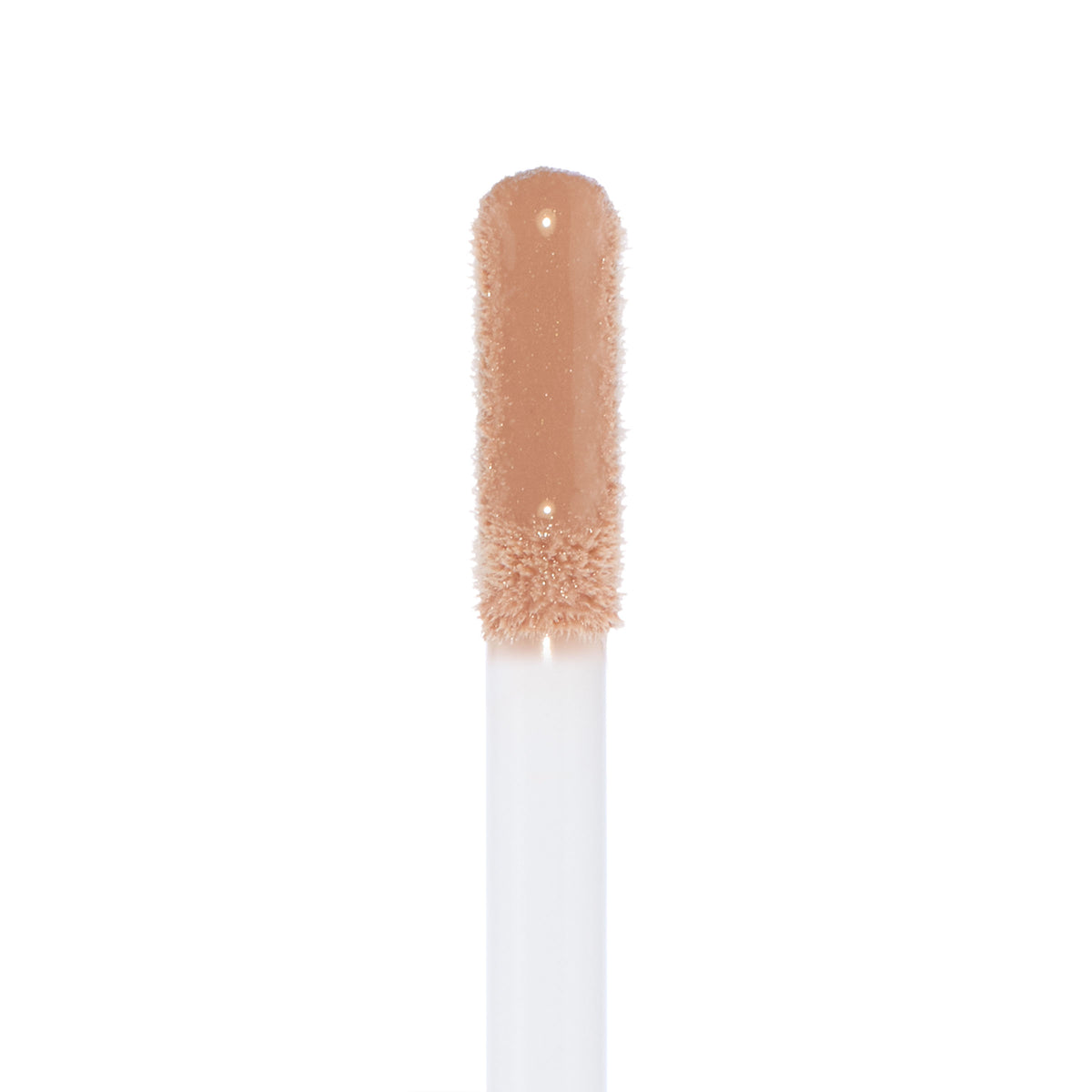 Doe-foot applicator coated in Major Throwback Ultra Glossy Lip, a warm nude-beige gloss with fine shimmer reflecting light for a high-shine finish, shown in a clean macro on white; ColourPop Ultra Glossy Lip.