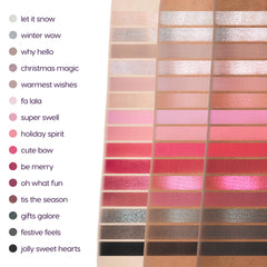A Very Mickey Christmas Eyeshadow Palette arm swatches of all 15 shades, from Let It Snow to Jolly Sweet Hearts, on three skin tones