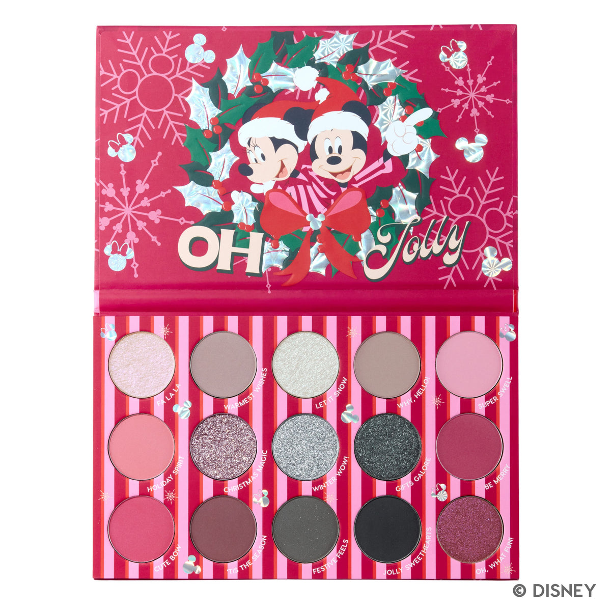 A Very Mickey Christmas Eyeshadow Palette open to 15 shades of pink, silver, taupe, berry and black